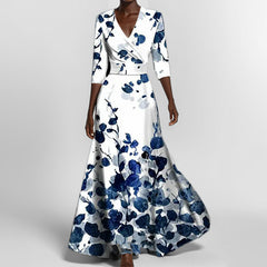 Floral wrap maxi dress, white with blue floral print, V-neck, 3/4 sleeves