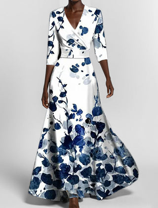 Floral wrap maxi dress, white with blue floral print, V-neck, 3/4 sleeves