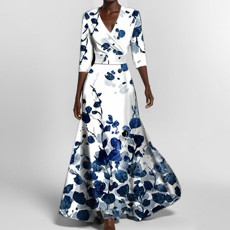 Floral wrap maxi dress, white with blue floral print, V-neck, 3/4 sleeves
