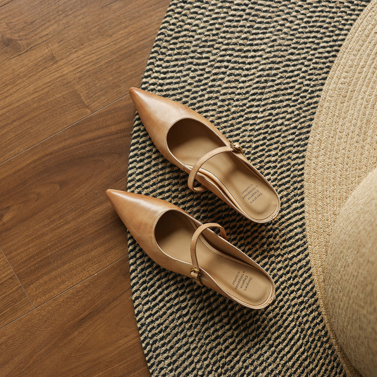 Apricot genuine leather mule with open back and low pointed toe.
