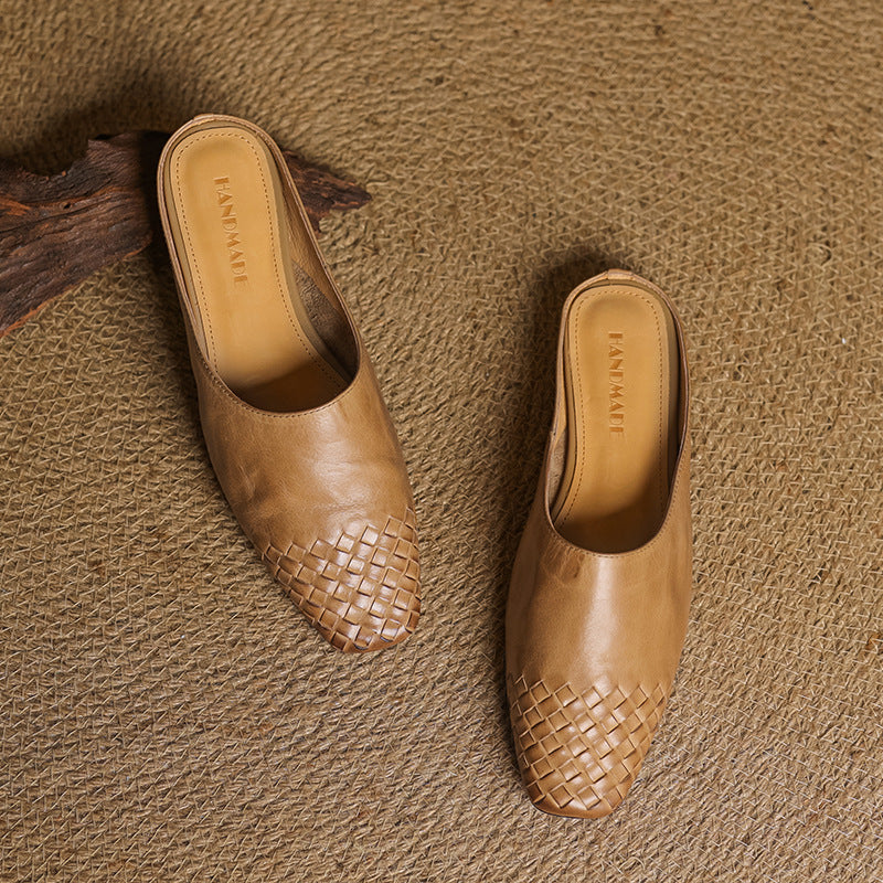 Tan genuine leather slip-on mules with woven toe and smooth interior lining