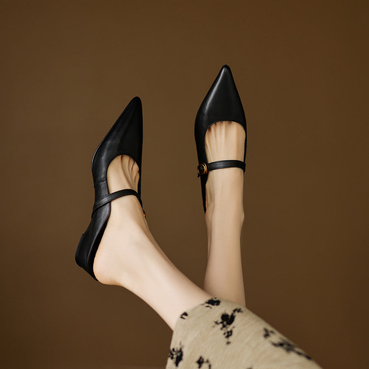 Black genuine leather mule, open back design and low heel, pointed toe.