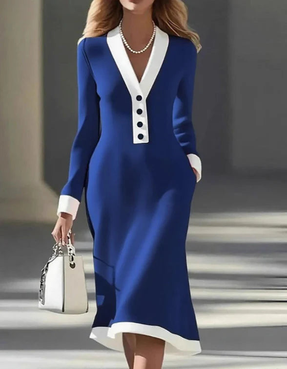 Blue long-sleeve V-neck midi dress with white trim and black-button placket