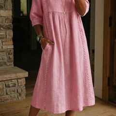 Pink lightweight maxi dress with gathered bodice and 3/4 ruched sleeves