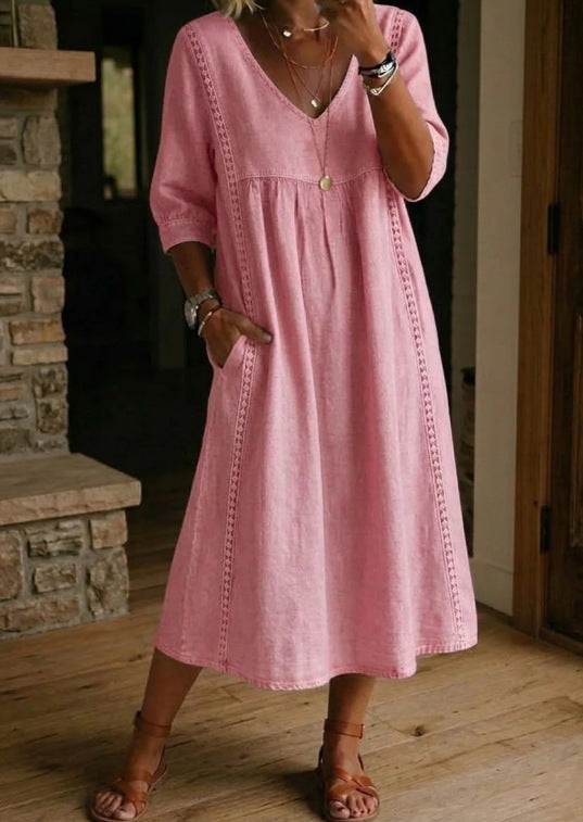 Pink lightweight maxi dress with gathered bodice and 3/4 ruched sleeves