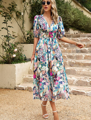 Multicolor floral midi dress with V-neck, puff sleeves, and cinched waist