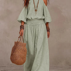 Liliana™ jumpsuit in sage green, cold-shoulder with puff sleeves and wide-leg pants