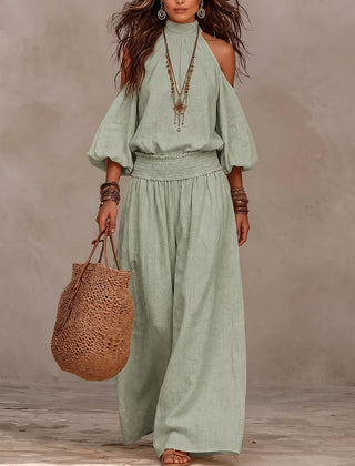 Liliana™ jumpsuit in sage green, cold-shoulder with puff sleeves and wide-leg pants