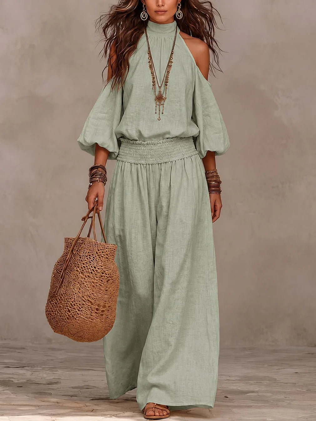 Liliana™ jumpsuit in sage green, cold-shoulder with puff sleeves and wide-leg pants
