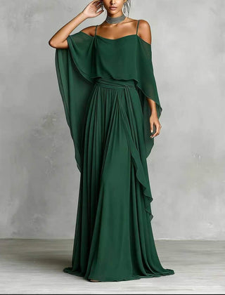 Dark green draped cold-shoulder maxi dress with draped overlay and pleated skirt