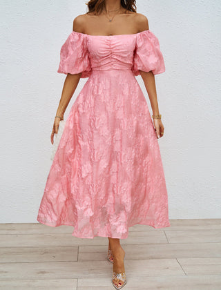 Pink off-shoulder midi dress with puff sleeves and ruched neckline