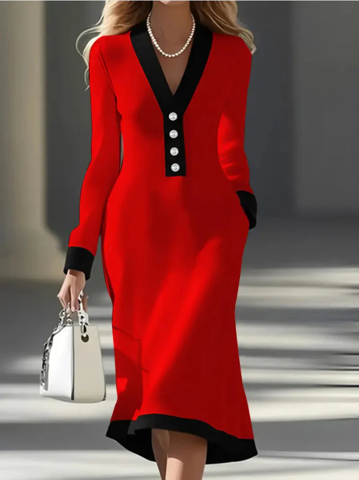 Red long-sleeve V-neck midi dress with black trim and button-front placket