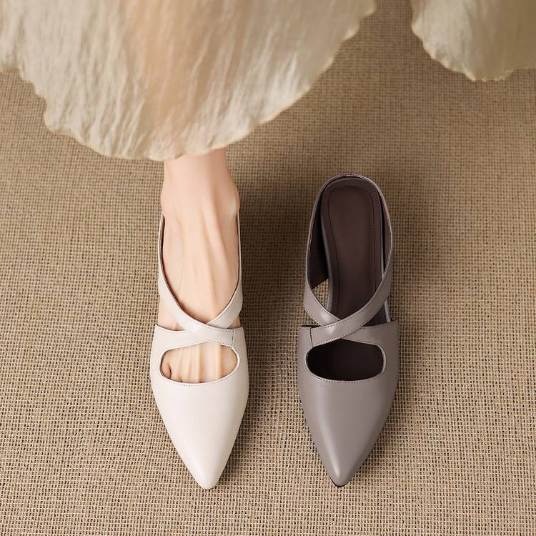 Two-tone set of pointed leather mules: white and gray with cross-strap, slip-on