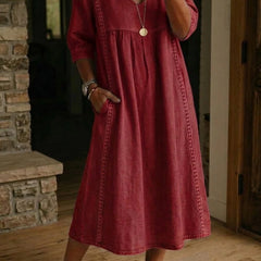 Burgundy lightweight maxi dress with gathered bodice and 3/4 ruched sleeves
