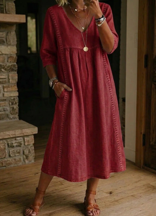 Burgundy lightweight maxi dress with gathered bodice and 3/4 ruched sleeves