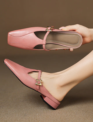 Pink leather mules with open back, sling strap and gold buckle, low block heel