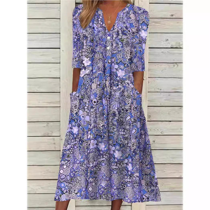 Blue floral paisley summer dress with V-neck and three-quarter sleeves