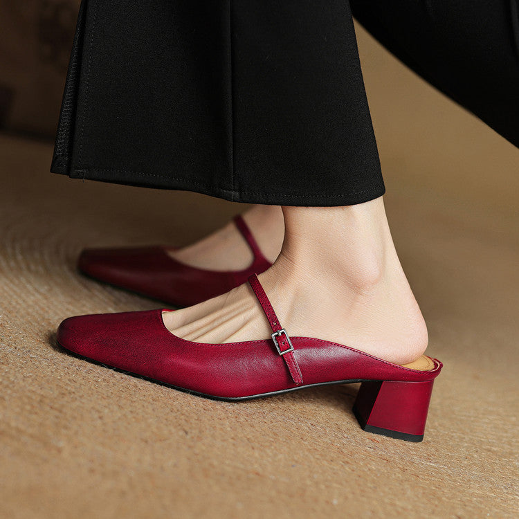 Red genuine leather mules with slingback strap, rounded toe, and block heel
