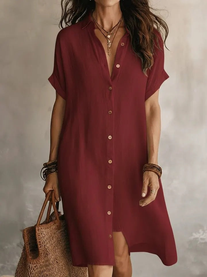 Burgundy linen-cotton shirt dress with V-neck, short sleeves, button front, side slit