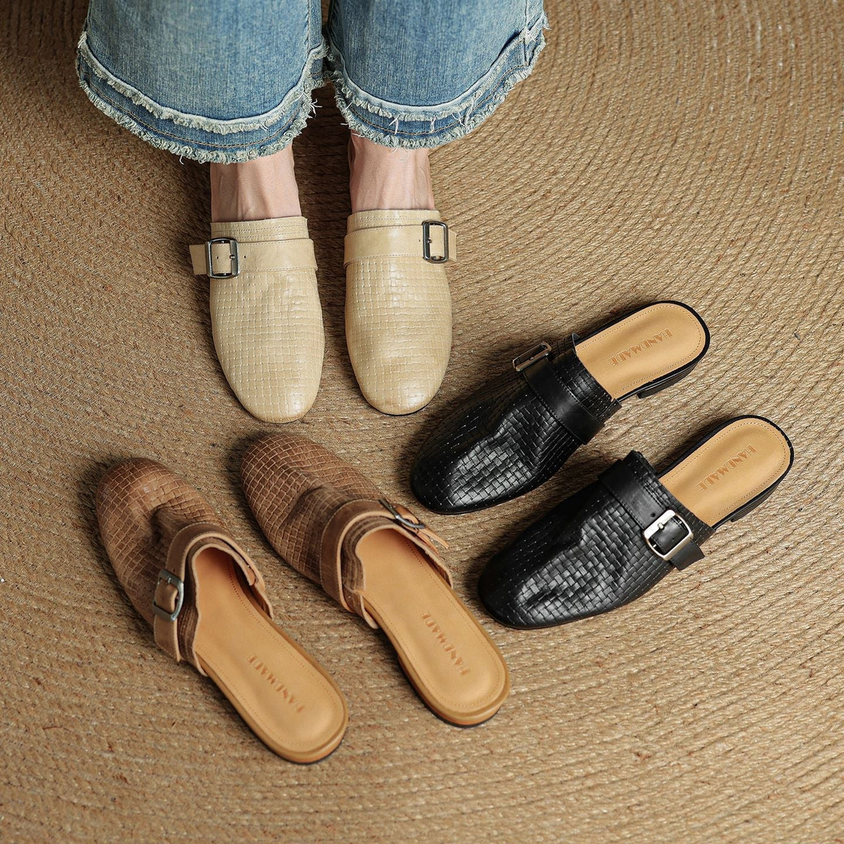 Genuine leather mules set with square buckles: beige, black, and tan