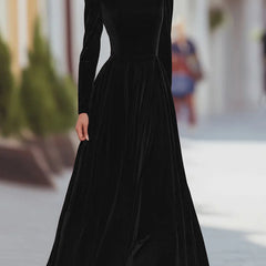 Black velvet dress with high neck, long sleeves, fitted bodice, flared skirt