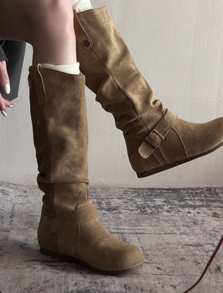 Khaki suede flat-sole orthopedic boots with buckle ankle strap and side zipper