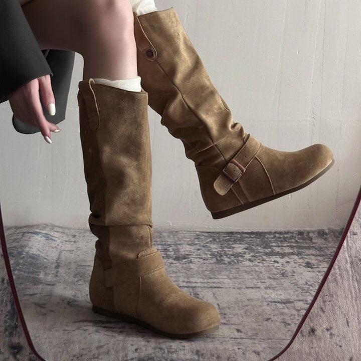 Khaki suede flat-sole orthopedic boots with buckle ankle strap and side zipper