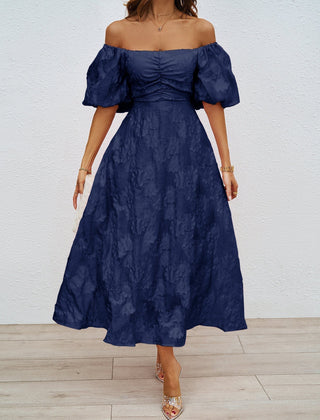 Navy off-shoulder midi dress with puff sleeves, gathered waist, and full skirt