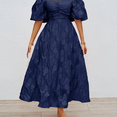 Navy off-shoulder midi summer dress with short puff sleeves and ruched waist