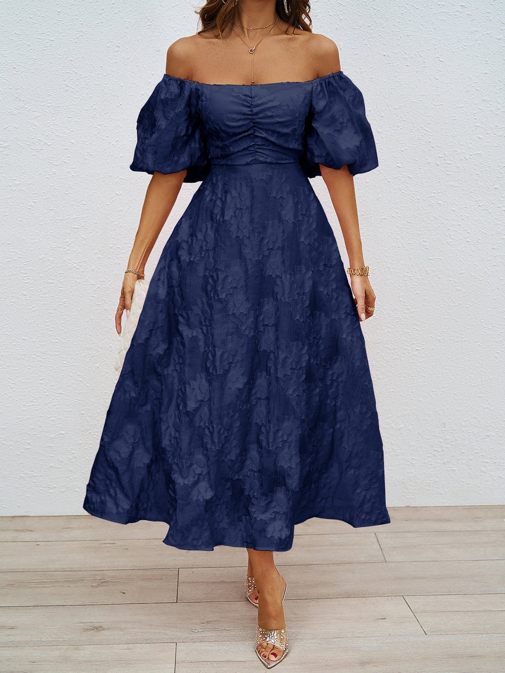 Navy off-shoulder midi summer dress with short puff sleeves and ruched waist