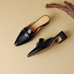 Black pointed-toe leather mules, slip-on with square heel