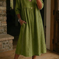 Olive green maxi dress with ruched V-neck, 3/4 sleeves, gathered waist