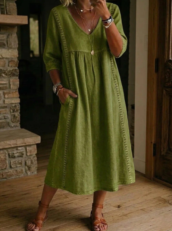 Olive green maxi dress with ruched V-neck, 3/4 sleeves, gathered waist