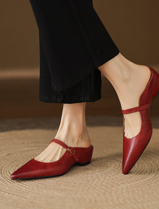 Maroon leather mules with pointed toe, slingback strap, and low block heel