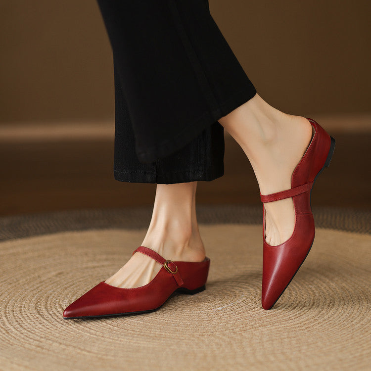 Maroon leather mules with pointed toe, slingback strap, and low block heel