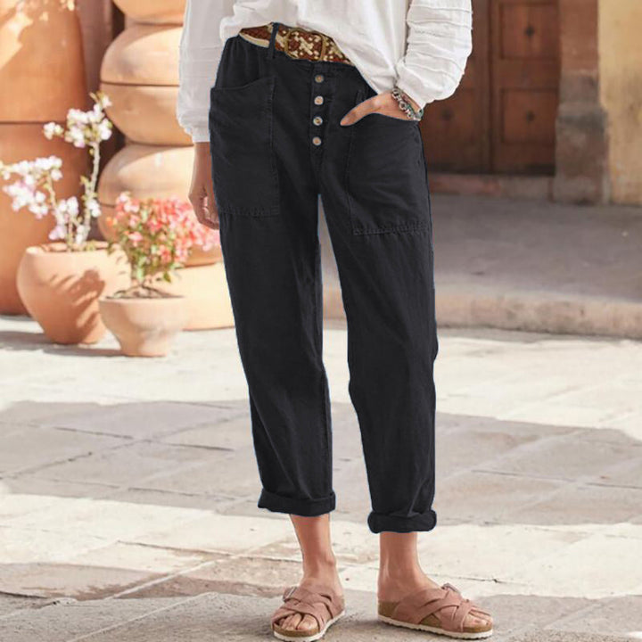 Black comfortable casual pants with button front and cuffed ankle hem