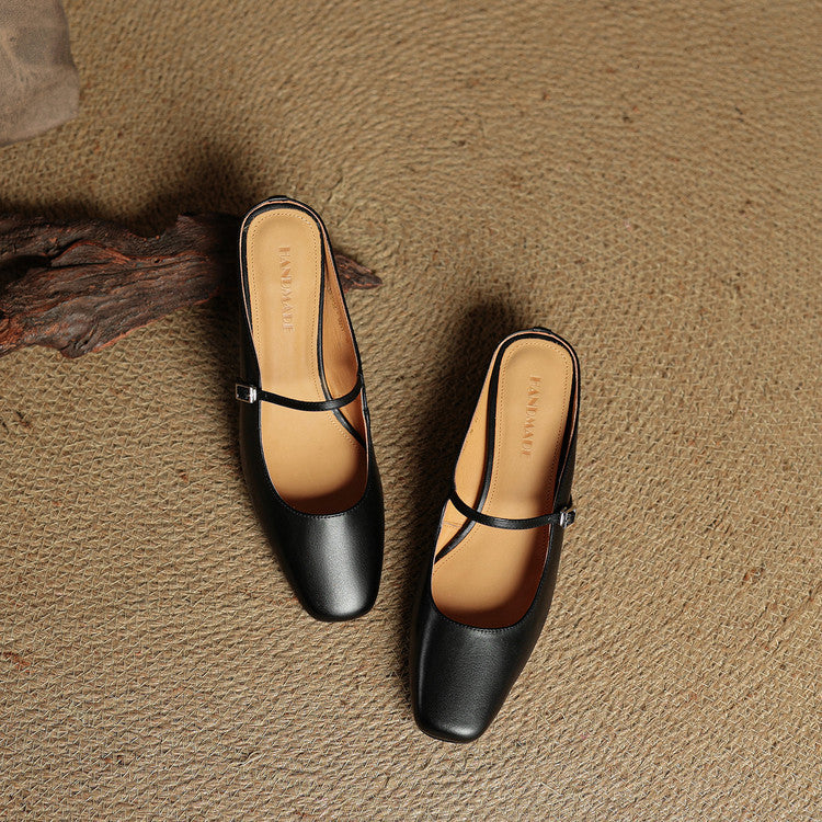 Esmer genuine leather mules in black with T-strap buckles and square toe