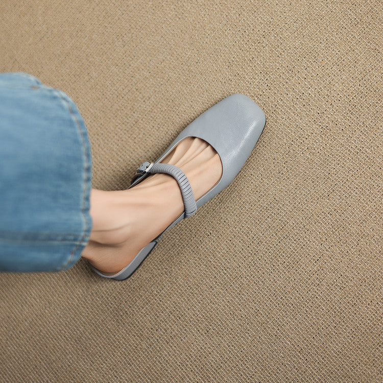 Light blue leather Mary Jane mule with elastic ankle strap and metal buckle