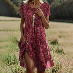 Women's midi summer dress, burgundy micro dot print, short sleeves, button front, side slit