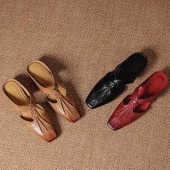 Square-toe genuine leather mules in tan, light brown, black, and deep red.