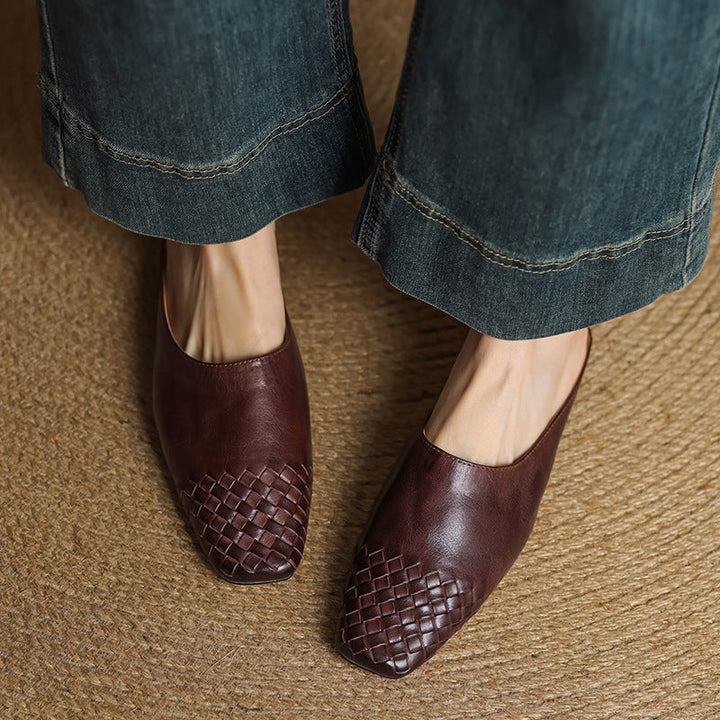 Burgundy genuine leather mules with woven toe pattern and open-back opening