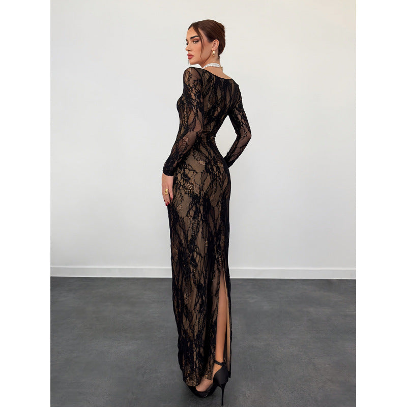Black lace long-sleeve maxi dress with open back and high slit