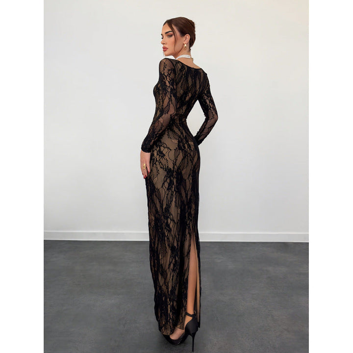 Black lace long-sleeve maxi dress with open back and high slit