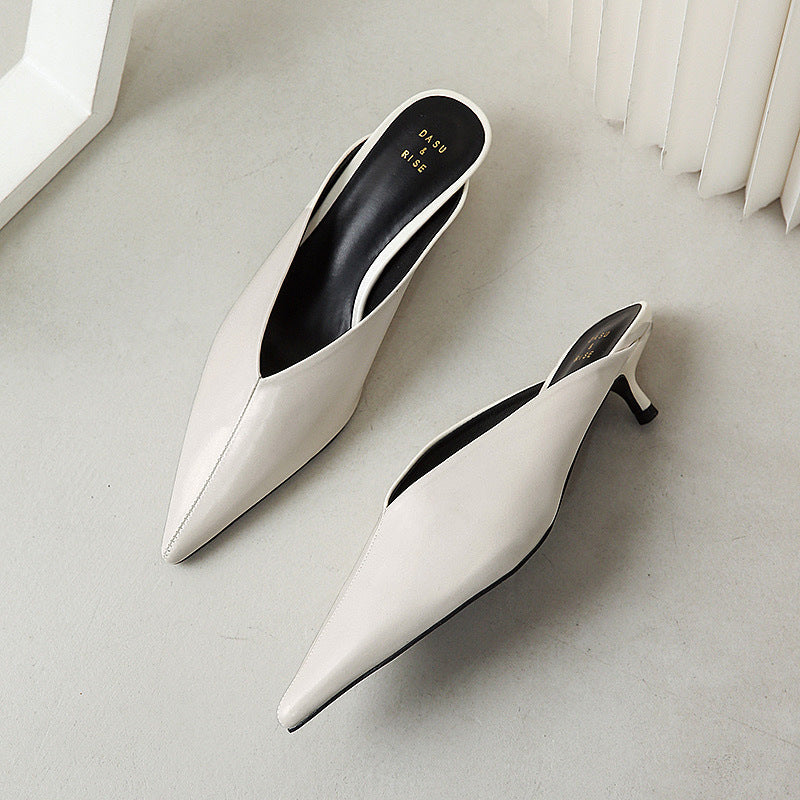 White pointed-toe slip-on mules with low block heel