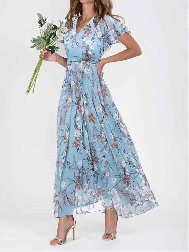 Light blue floral maxi dress with ruffled cap sleeves and V-neck bodice