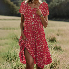 Women's midi summer dress, red floral print, short sleeves, button front, side slit