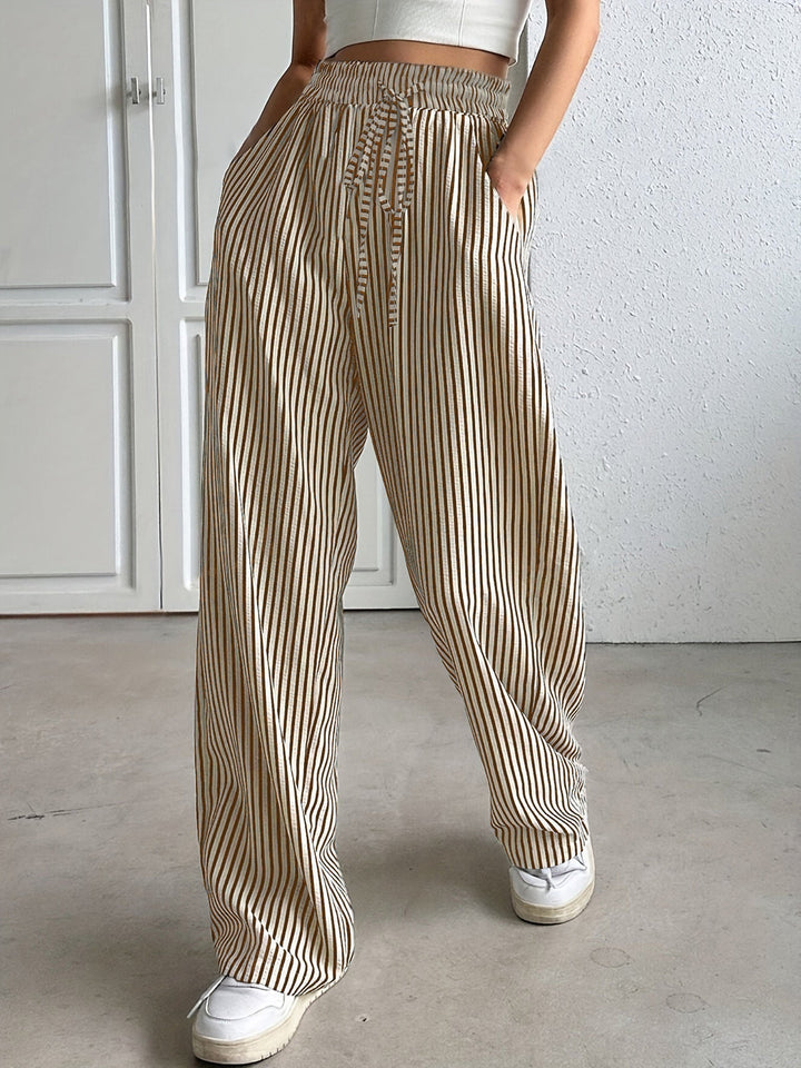 Brown striped trousers with drawstring waist and wide leg