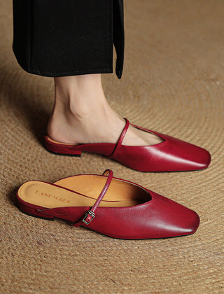 Maroon leather mules with slingback strap and square toe, buckle detail on top