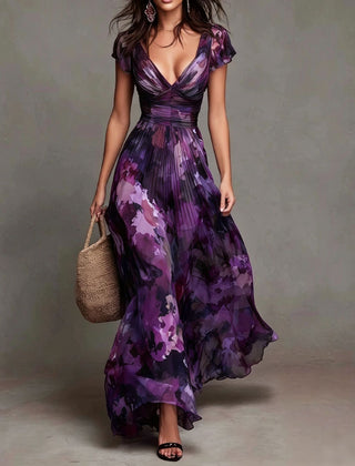 Women’s pleated maxi dress with purple watercolor floral print, V-neck, cap sleeves
