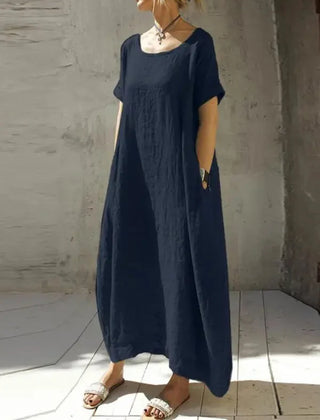 Navy blue casual maxi dress with short sleeves and round neckline, loose fit